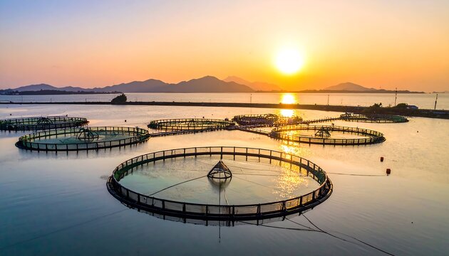 Aerial view of circular aquaculture pens on the ocean surface, bathed in warm sunset hues, with distant mountains - Powered by Adobe