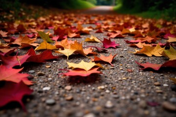 Leaves being swept across a barren path by a strong gust of wind during a windy autumn day. Low angle, dynamic shot of numerous dry, colorful autumn leaves being forcefully swept and scattered along a