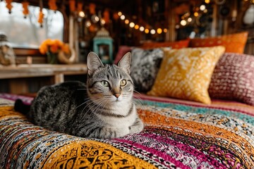 Cozy cat relaxing on colorful quilt in a warm, decorated indoor space filled with light and cushions
