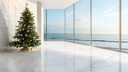 A modern interior with a Christmas tree beside large glass windows overlooking the ocean. The space features marble flooring and a bright, tropical atmosphere.