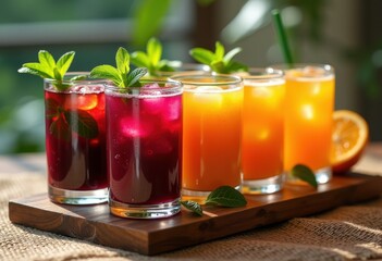 Fototapeta premium Rustic Wooden Tray with Vibrant Assorted Juice Shots Displayed in Colorful Glasses Fresh Natural Ingredients Health