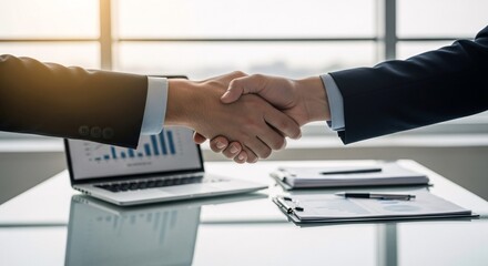 Successful business handshake sealing a deal with a laptop showing charts in the background