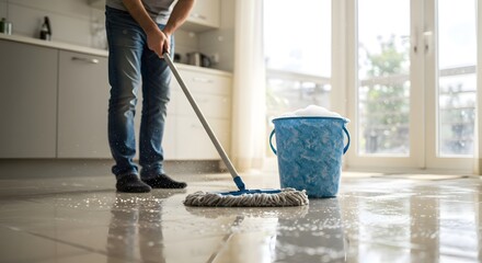 Fototapeta premium Person mopping a floor