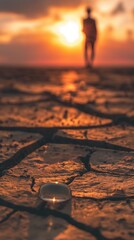 A person walks on cracked earth under a sunset. A small droplet of water is visible on the dry ground, highlighting the drinking water problem.