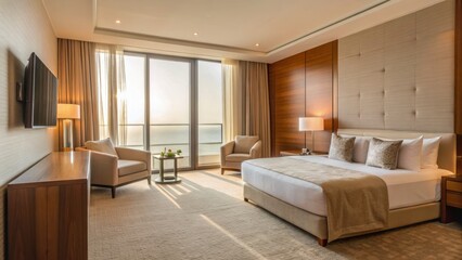 Fototapeta premium boutique hotel interior vibes Modern hotel room featuring a large bed, stylish decor, and a view through expansive windows.
