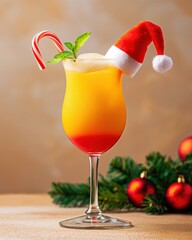 A tropical cocktail with a Santa hat, garnished with a mint leaf and a candy cane. Red and yellow layers create a festive appearance. Christmas decorations in the background.