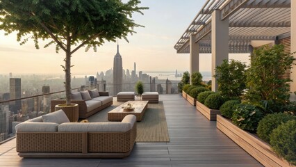 Fototapeta premium luxury penthouse decor scene Rooftop terrace with modern seating and city skyline backdrop at sunrise.