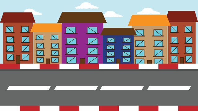 2D cartoon city street background with colorful buildings, road, and blue sky. Perfect for game design, web visuals, and creative illustrations.