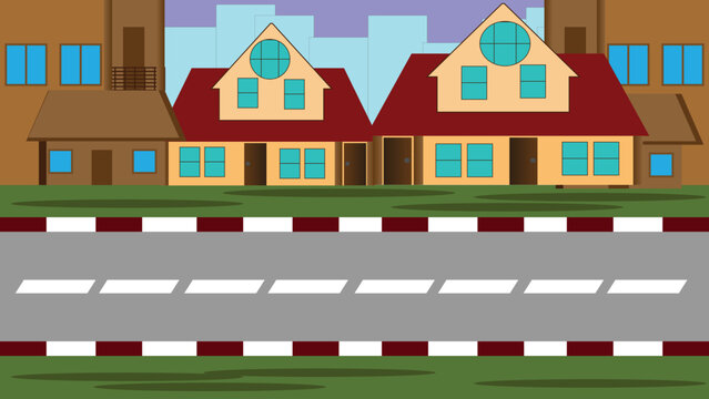 2D cartoon street background with two houses, red-white curb, and buildings under a blue-purple sky. Perfect for web design, games, and creative illustrations.
