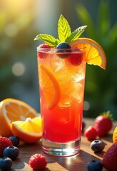 Vibrant Colorful Cocktail With Lush Fresh Fruit Garnish Amidst a Tropical Setting