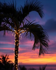 A palm tree adorned with Christmas lights against a vibrant tropical sunset. The sky features shades of purple, pink, and orange, creating a festive atmosphere.