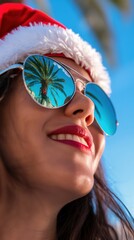 A young Hispanic woman with long dark hair wears a Santa hat and sunglasses. Palm trees are reflected in her sunglasses against a bright blue sky.