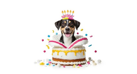 Naklejka premium dog bursting out of a birthday cake on a solid white background, dessert, celebration
