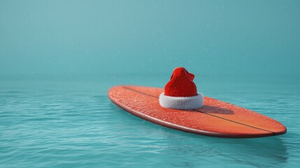 A red surfboard floats on calm turquoise water. A Santa hat rests on the board, symbolizing a tropical Christmas theme.