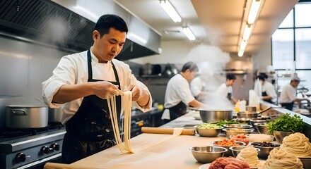 Asian chef preparing noodle dough