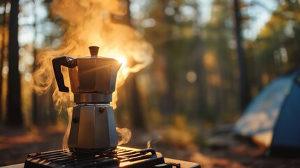A moka pot brews coffee outdoors at sunrise in a forest campsite. Steam rises from the pot, with a tent visible in the background.