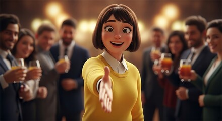 This vibrant and engaging 3D illustration features a cheerful, short-haired cartoon woman in a yellow sweater, extending her hand towards the viewer in a welcoming gesture for a handshake.