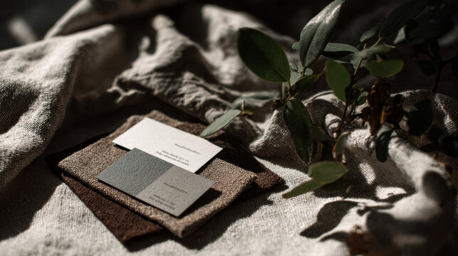 Design composition with textured fabric layers and color paper samples in natural daylight, interior palette and material moodboard concept for creative projects