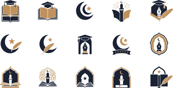 Collection of islamic education and learning logos featuring books mosques moons stars and graduation caps