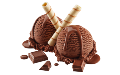 Chocolate ice cream scoops with wafers isolated on a transparent background