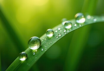 Intricate Close-Up of Lush Green Grass with Water Droplets in Warm Morning Light