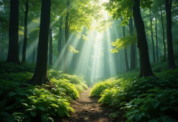 Obraz premium Lush Forest Sunlight Filtering Through Leaves Nature Serenity Vibrant Green Flora Tranquil Environment