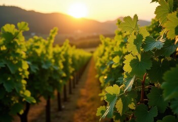 Fototapeta premium Lush Vineyard Rows Glistening in Golden Dawn Light Surrounded by Hills Fruitful Grapes Awaiting Harvest