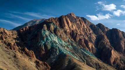 Fototapeta premium Jagged mountain ridge with rare turquoise mineral deposits catching midday sunlight