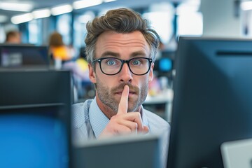 Surprised businessman with glasses asking for silence in a busy office