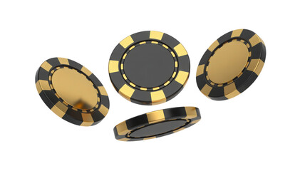 Four Black and Gold Casino Chips isolated on a transparent background