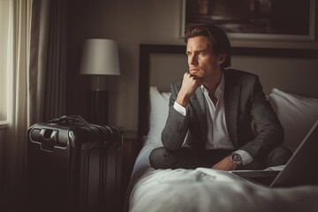 Fototapeta premium Pensive handsome businessman sitting on a hotel bed with his luggage