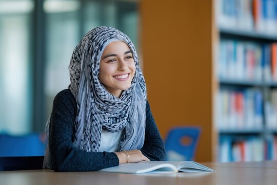 Smiling Muslim female student sitting with a book in a university library