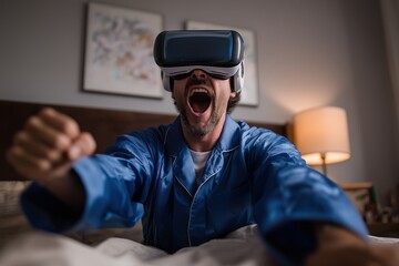Excited man in pajamas shouting while playing a virtual reality game