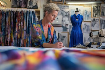 Focused female fashion designer sketching new designs in her creative studio