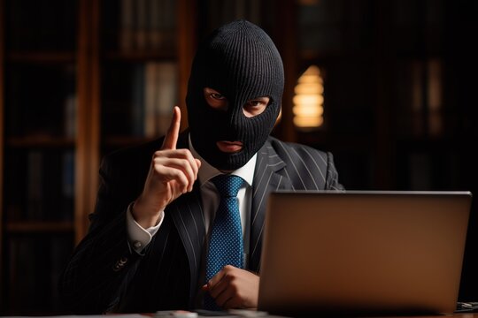 Anonymous man in a balaclava and suit hacking on a laptop - Powered by Adobe