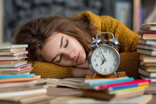 Overwhelmed female student sleeping on a book among stacks of textbooks