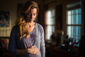 Sad and pensive pregnant woman standing alone in a dimly lit room