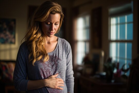 Sad and pensive pregnant woman standing alone in a dimly lit room