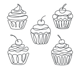 Continuous Line Cupcakes Set Cherry Topping Sweets Desserts Pastries Single Line Art Design