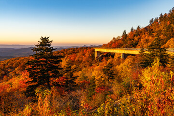 The Linn Cove Viaduct at the golden hour on a clear autumn morning