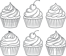 Cupcakes Set: Dessert Line Art, Sweet Treat Vectors, Confectionery Outline Drawing, Pastry Illustration, Cherry Toppings
