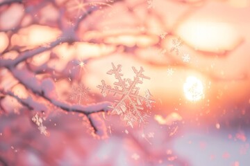 Snowflakes gracefully dangle from branches, sparkling in the soft hues of a winter sunset, symbolizing the beauty and tranquility of the cold season.