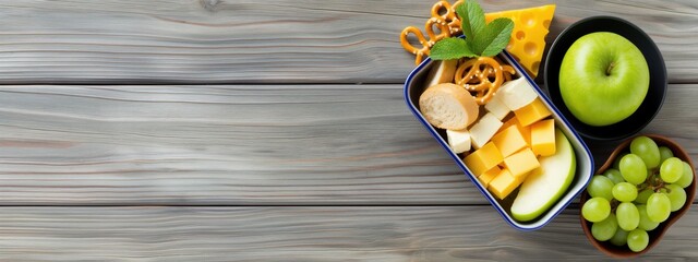 Large Lunch Box Filled With Assorted Snacks Like Cheese, Apple Slices, and Pretzels on a Picnic Table in Soft Afternoon Light