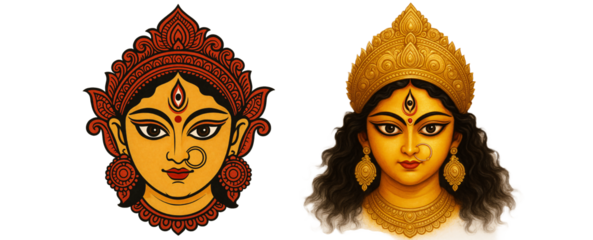 Traditional Indian goddess Durga illustration with golden crown and jewelry. Cultural festive art.