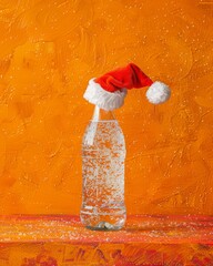 A water bottle playfully wears a Santa hat, set against a vibrant orange background, capturing a whimsical holiday vibe filled with energy and festive fun.