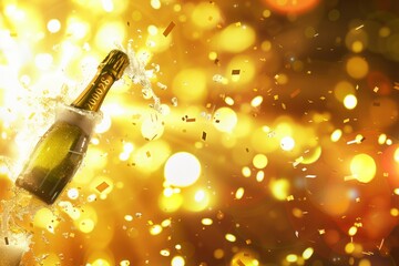 An exquisite image showcases a champagne bottle with a cork being popped, splashing bubbly and confetti in a golden atmosphere, ideal for capturing celebrations, excitement, and joyful moments.