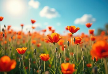 sun, tulip, wild, season, beautiful, color, rural, blossom, plant, meadow, red, flower, poppies, garden, sky, landscape, beauty, bloom, grass, flowers, spring, nature, summer, field, poppy