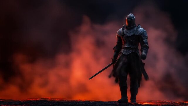 A knight in full plate armor stands resolute in a fiery, volcanic landscape, dagger drawn