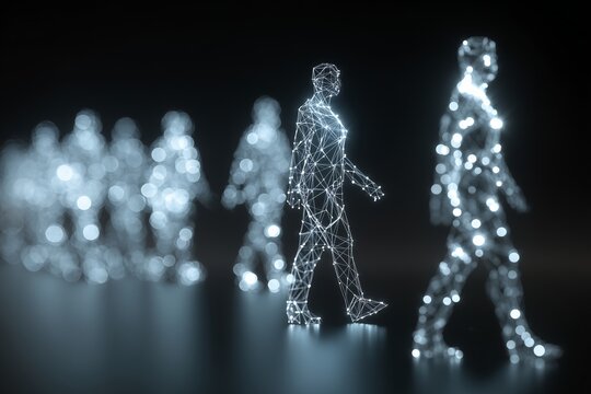 Digital representations of people walking in a futuristic, illuminated setting showcasing movement and technology in a modern space