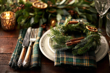 Rustic Christmas table setting. Festive tables cape in green gold tones, plates with plaid linens, tiny wreath centerpiece, antique cutlery, twinkle lights. Holiday menus blogs, invitations, templates